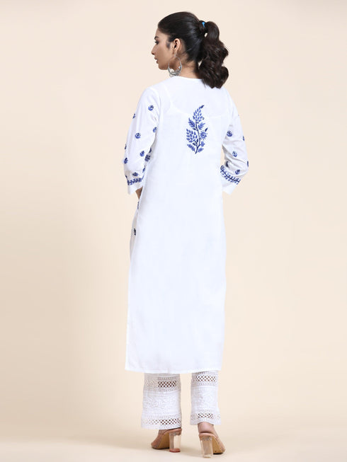 NOOR Chikankari Kurta With Pocket - White With Blue